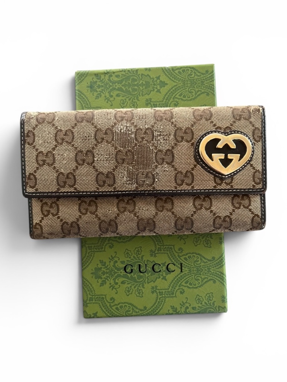 Gucci Lovely Heart GG Canvas Leather Continental Wallet Brown with Box